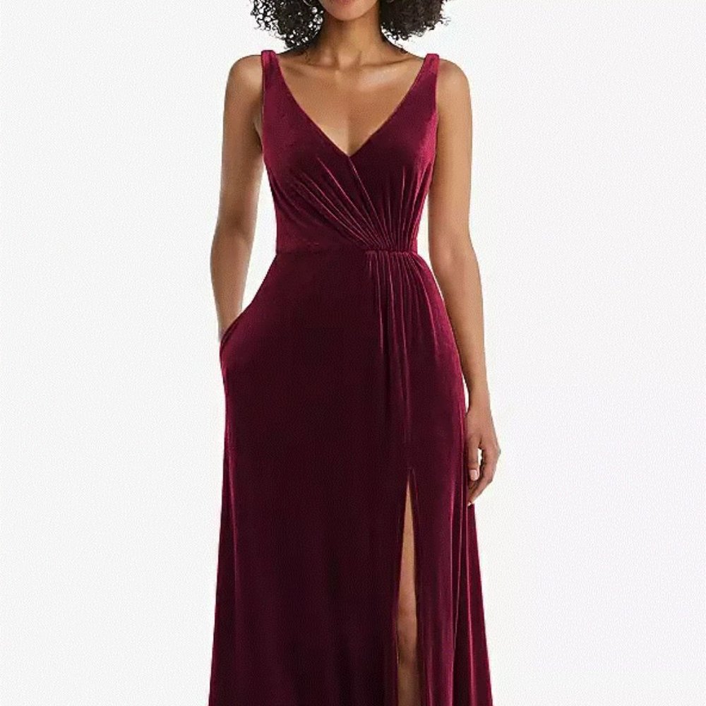 Velvet Maxi Dress with Shirred Bodice and Front Slit..TH085...Cabernet...Size 2